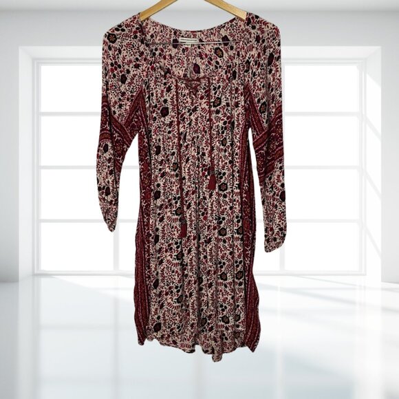 American Eagle Floral Tassel Boho Mini Dress M | AE V-Neck Viscose Peasant Tunic - Picture 3 of 13
